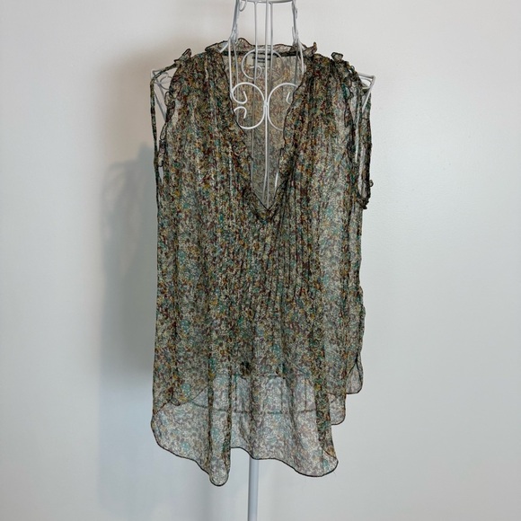 Zadig & Voltaire Thym Print Deluxe silk Blouse v neck sheer sleeveless top SZ S - Picture 1 of 8